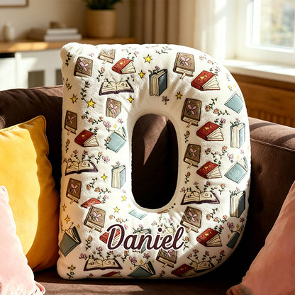 Personalized Floral Book Alphabet Pillow with Custom Name, Cute Bookworm Letter Throw Cushion, Gift for Book Lovers & Kids