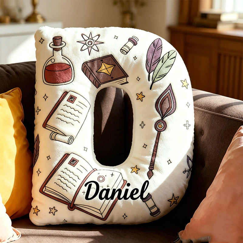 Personalized Magic Book Alphabet Pillow with Custom Name, Vintage Bookworm Letter Cushion, Gift for Book Lovers & Kids