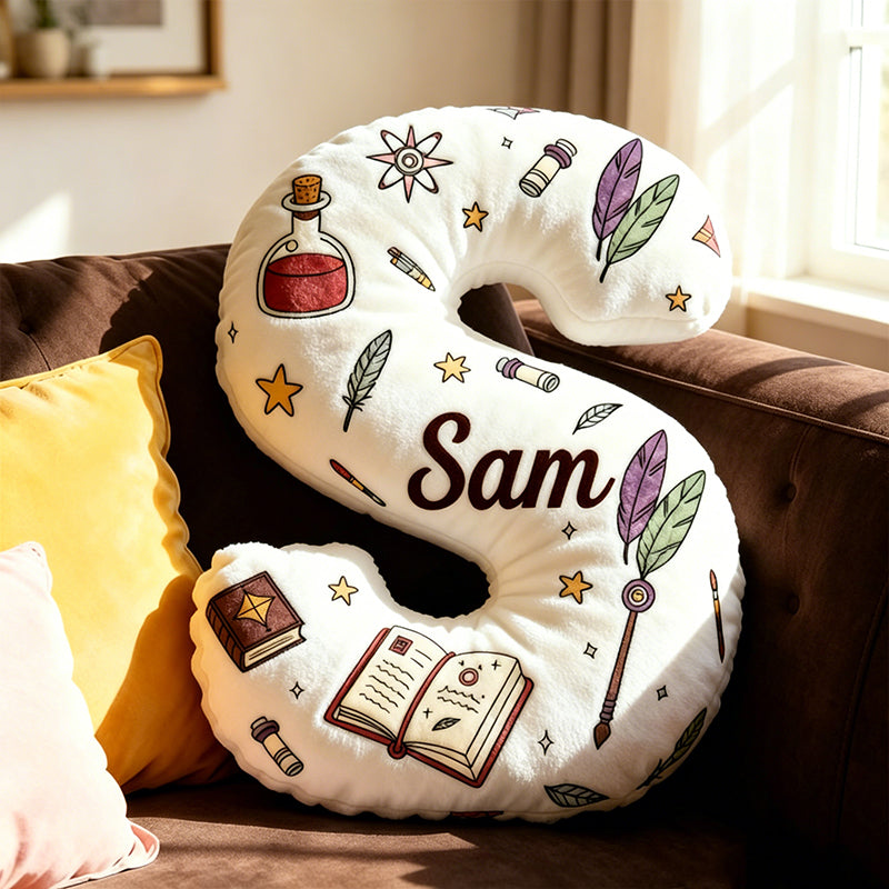 Personalized Magic Book Alphabet Pillow with Custom Name, Vintage Bookworm Letter Cushion, Gift for Book Lovers & Kids