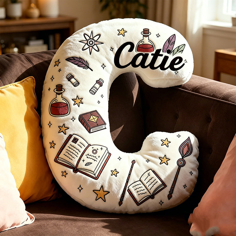 Personalized Magic Book Alphabet Pillow with Custom Name, Vintage Bookworm Letter Cushion, Gift for Book Lovers & Kids