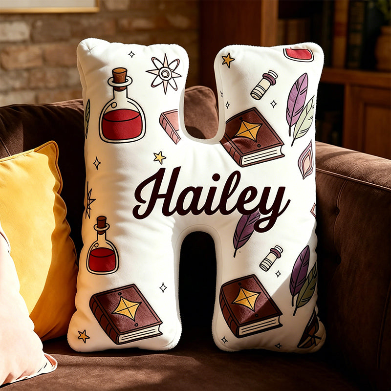 Personalized Magic Book Alphabet Pillow with Custom Name, Vintage Bookworm Letter Cushion, Gift for Book Lovers & Kids