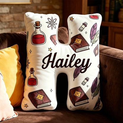 Personalized Magic Book Alphabet Pillow with Custom Name, Vintage Bookworm Letter Cushion, Gift for Book Lovers & Kids