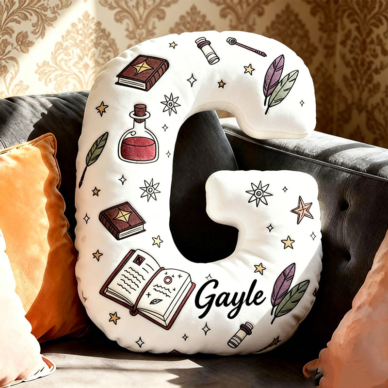 Personalized Magic Book Alphabet Pillow with Custom Name, Vintage Bookworm Letter Cushion, Gift for Book Lovers & Kids