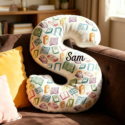Personalized Colorful Book Alphabet Pillow with Custom Name, Vintage Bookworm Letter Cushion, Gift for Book Lovers & Kids