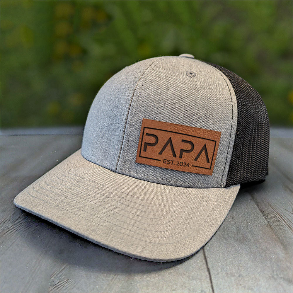 Personalized PAPA Est Leather Patch Trucker Hat Father's Day Gift