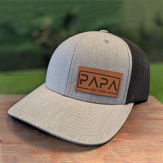 Personalized PAPA Est Leather Patch Trucker Hat Father's Day Gift