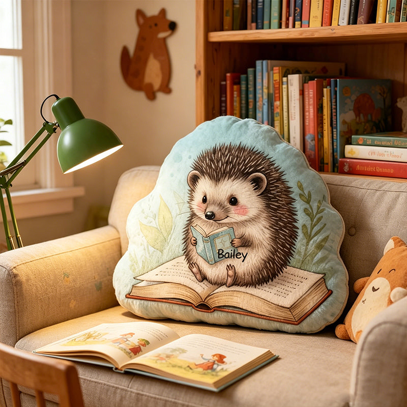 Personalized Dreamy Hedgehog Story Pillow with Custom Name, Cute Bookish Reading Cushion, Gift for Book Lovers & Kids