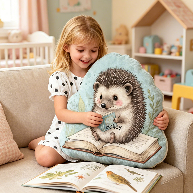 Personalized Dreamy Hedgehog Story Pillow with Custom Name, Cute Bookish Reading Cushion, Gift for Book Lovers & Kids