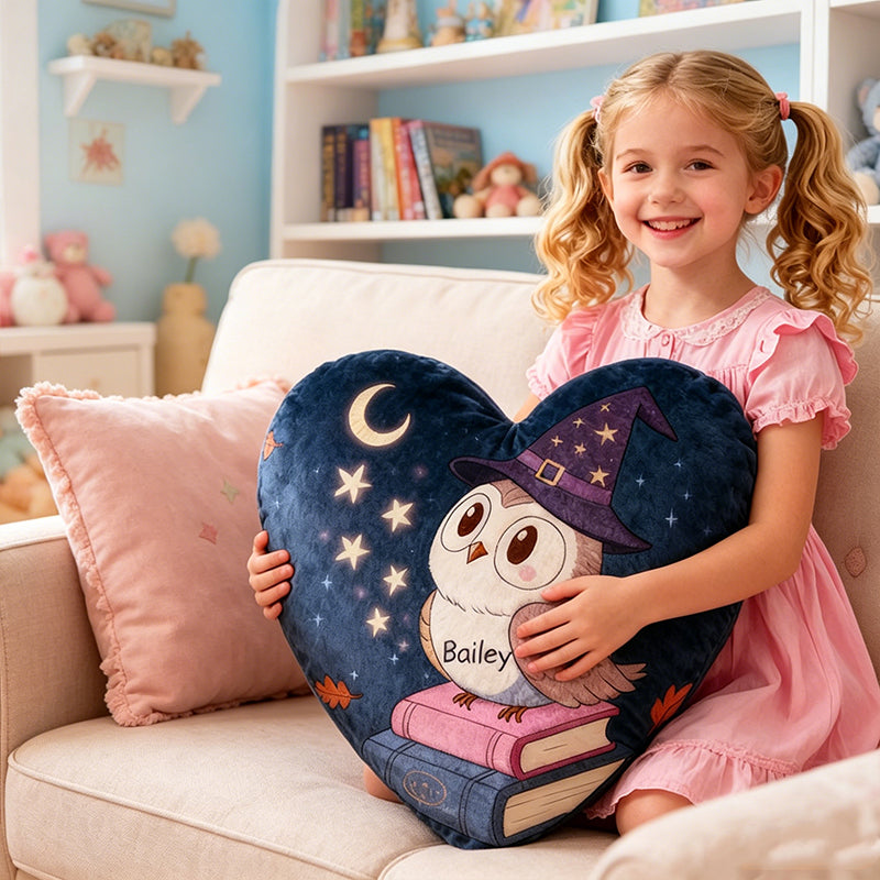 Personalized Enchanted Night Owl Pillow with Custom Name, Magical Bookish Reading Cushion, Gift for Book Lovers & Kids
