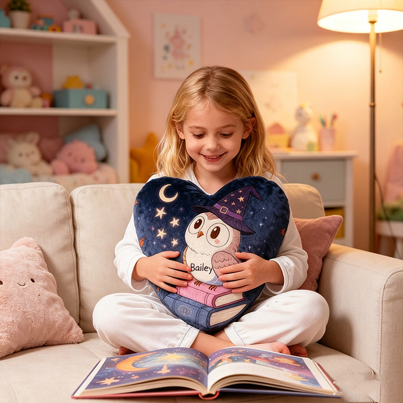 Personalized Enchanted Night Owl Pillow with Custom Name, Magical Bookish Reading Cushion, Gift for Book Lovers & Kids