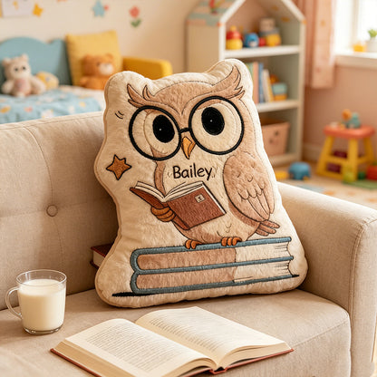 Personalized Wise Owl Book Buddy Pillow with Custom Name, Cute Reading Cushion, Gift for Book Lovers & Kids