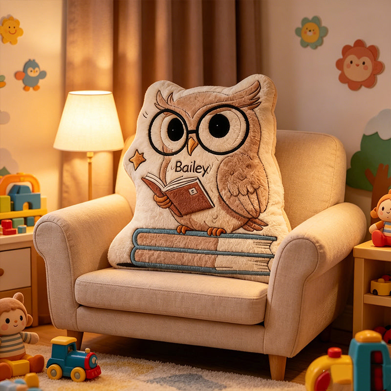 Personalized Wise Owl Book Buddy Pillow with Custom Name, Cute Reading Cushion, Gift for Book Lovers & Kids