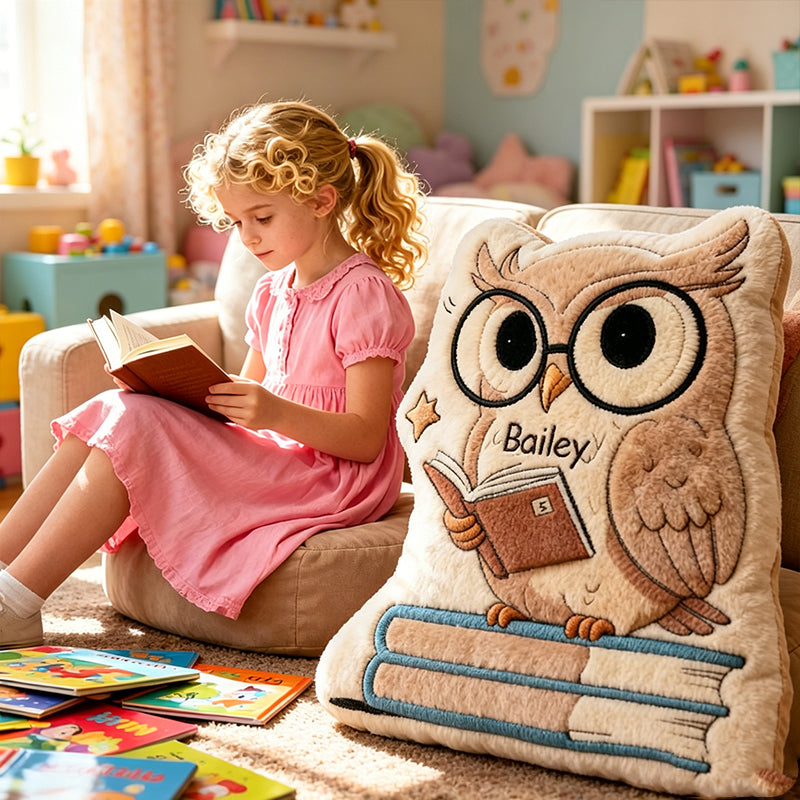 Personalized Wise Owl Book Buddy Pillow with Custom Name, Cute Reading Cushion, Gift for Book Lovers & Kids