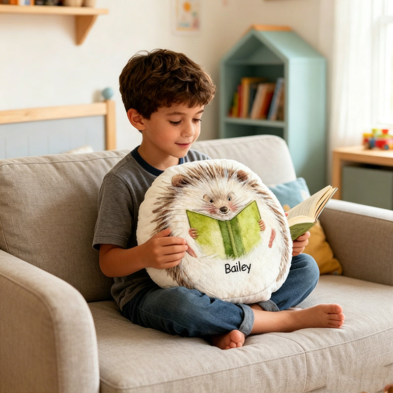 Personalized Hedgehog Reading Companion Pillow with Custom Name, Cute Bookish Cushion, Gift for Book Lovers & Kids