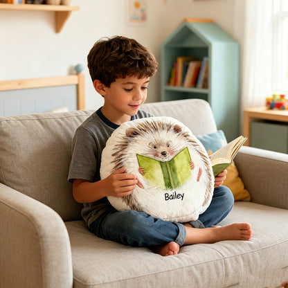 Personalized Hedgehog Reading Companion Pillow with Custom Name, Cute Bookish Cushion, Gift for Book Lovers & Kids