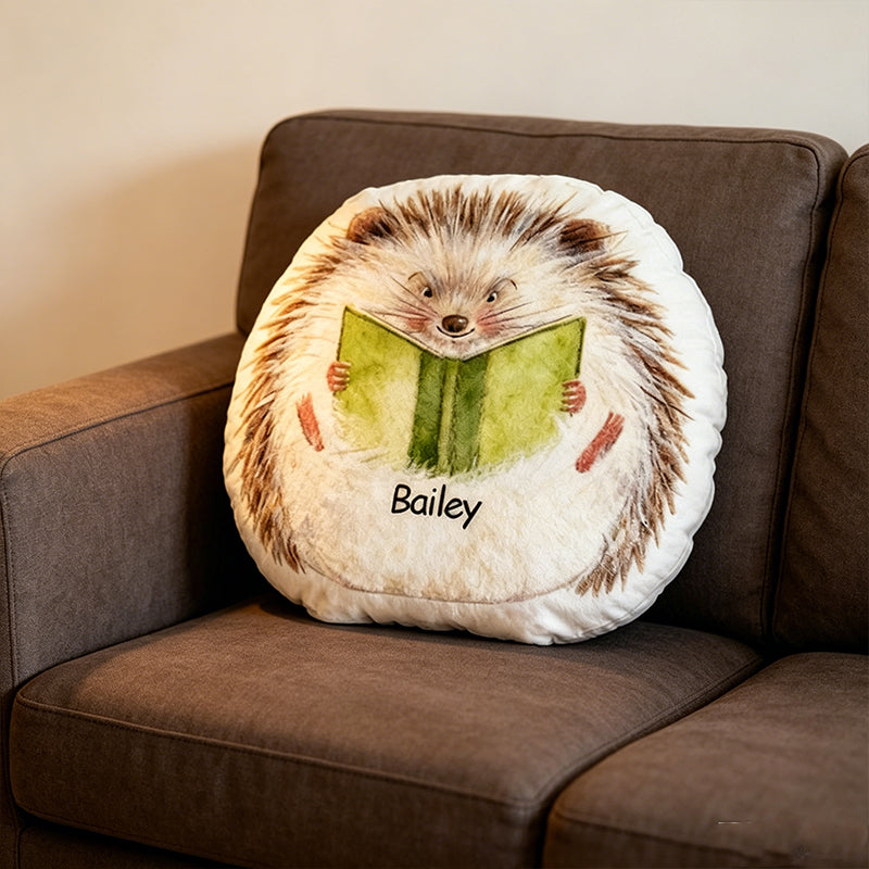 Personalized Hedgehog Reading Companion Pillow with Custom Name, Cute Bookish Cushion, Gift for Book Lovers & Kids