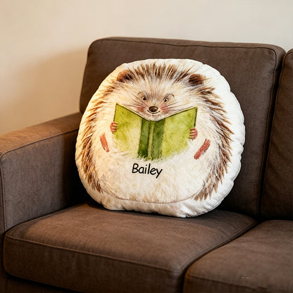 Personalized Hedgehog Reading Companion Pillow with Custom Name, Cute Bookish Cushion, Gift for Book Lovers & Kids