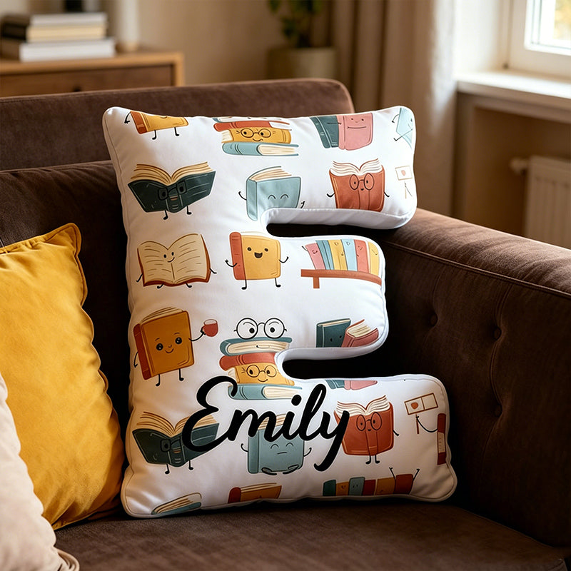 Personalized Books Letter Pillow with Custom Name, Anthropomorphic Book Design, Bookish Reading Cushion Gift for Book Lovers & Kids