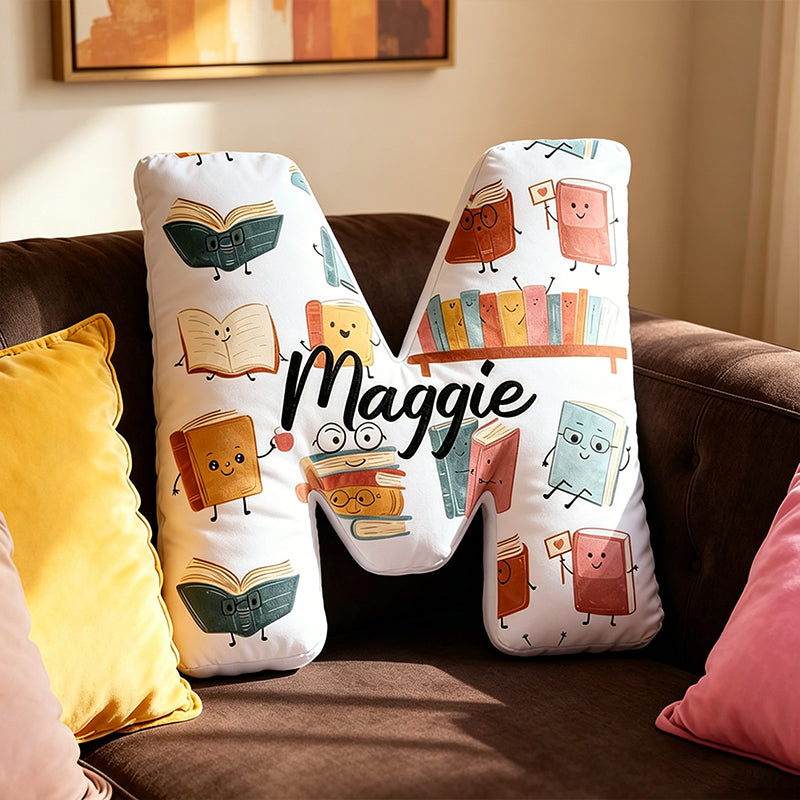 Personalized Books Letter Pillow with Custom Name, Anthropomorphic Book Design, Bookish Reading Cushion Gift for Book Lovers & Kids