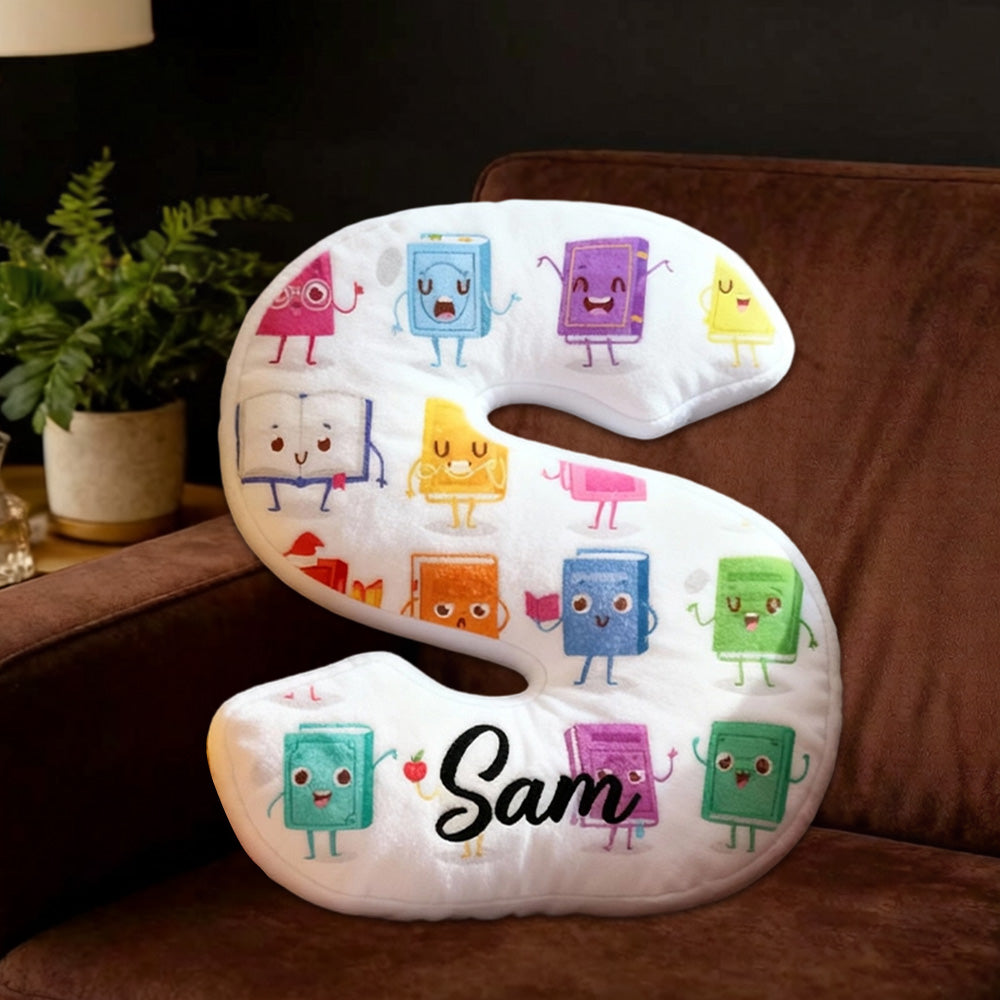 Personalized Cute Books Letter Pillow with Custom Name, Bookish Alphabet Cushion, Gift for Reading Lovers & Kids