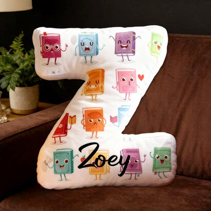 Personalized Cute Books Letter Pillow with Custom Name, Bookish Alphabet Cushion, Gift for Reading Lovers & Kids