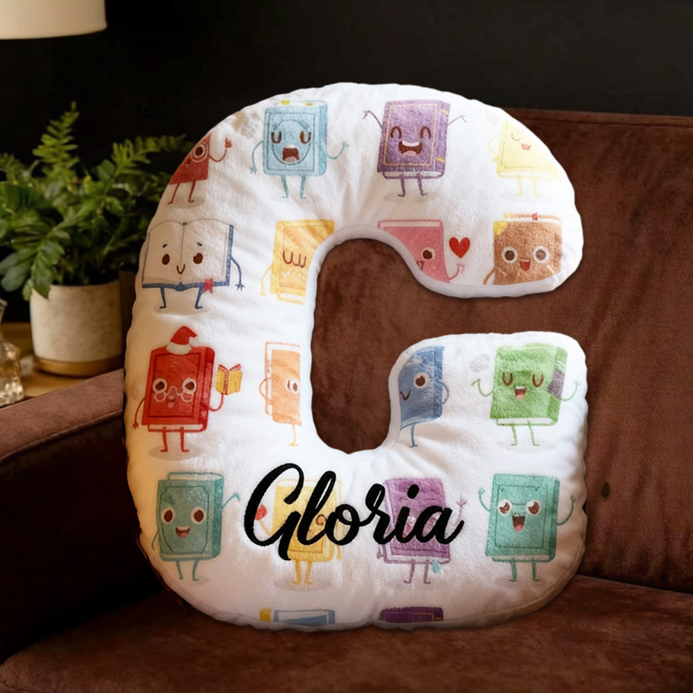 Personalized Cute Books Letter Pillow with Custom Name, Bookish Alphabet Cushion, Gift for Reading Lovers & Kids
