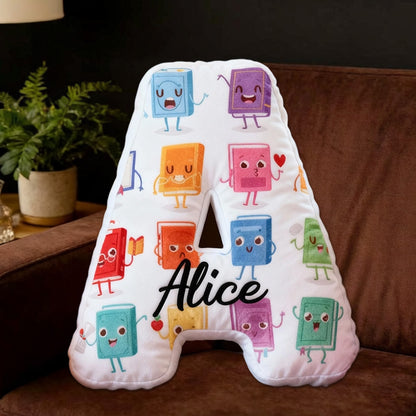 Personalized Cute Books Letter Pillow with Custom Name, Bookish Alphabet Cushion, Gift for Reading Lovers & Kids