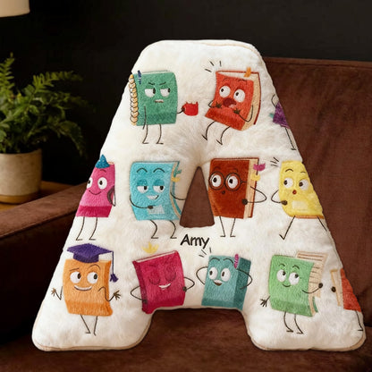 Personalized Alphabet Book Buddy Pillow with Custom Name, Bookish Reading Cushion, Gift for Book Lovers & Kids
