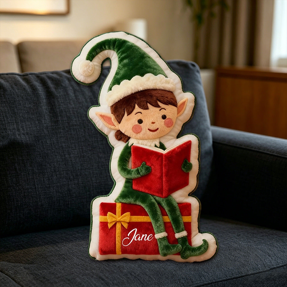 Personalized Christmas Reading Elf Pillow with Custom Name, Festive Bookish Cushion, Gift for Book Lovers & Kids