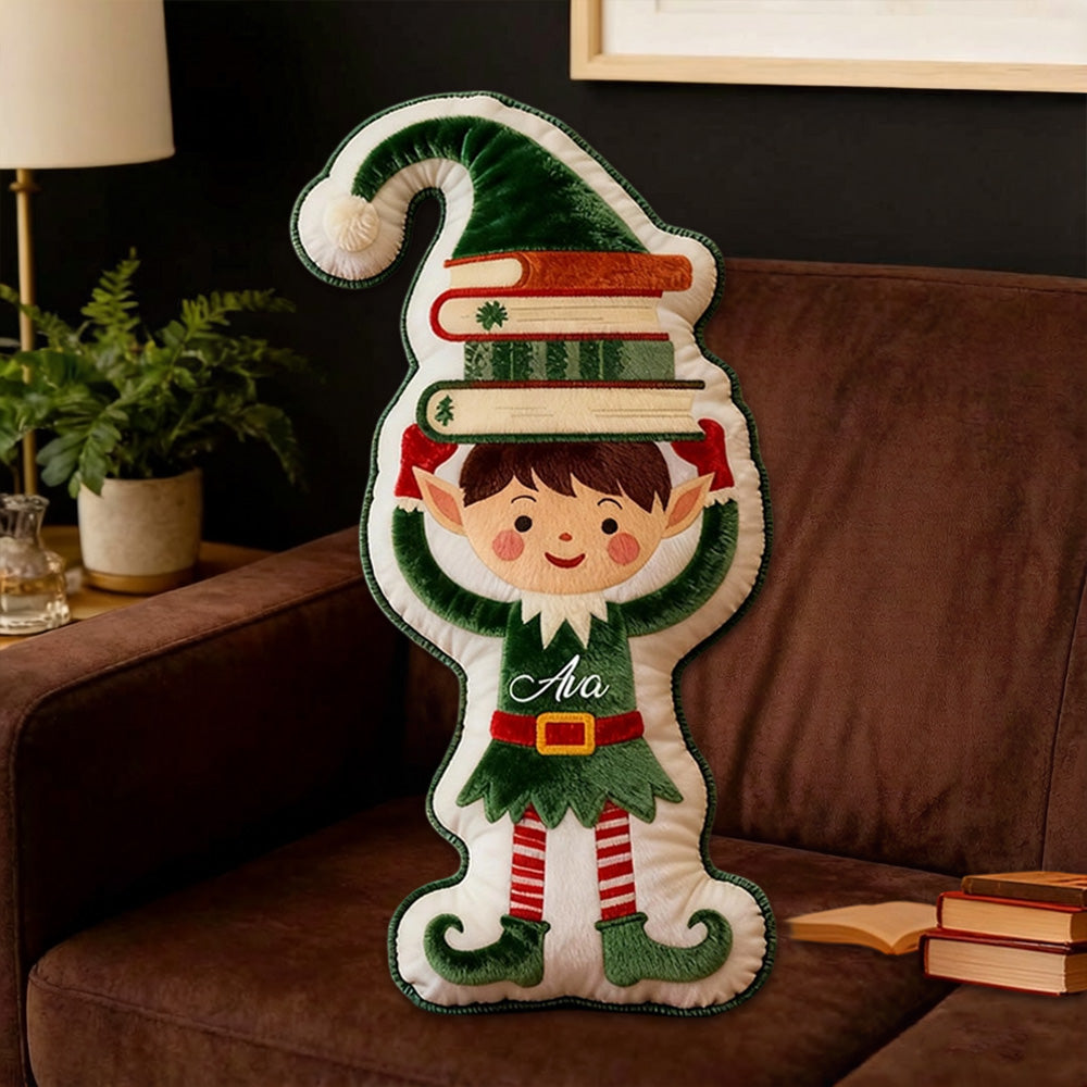 Personalized Christmas Reading Elf Pillow with Custom Name, Festive Bookish Cushion, Gift for Book Lovers & Kids