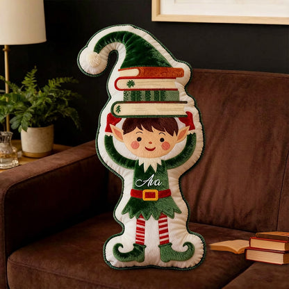 Personalized Christmas Reading Elf Pillow with Custom Name, Festive Bookish Cushion, Gift for Book Lovers & Kids