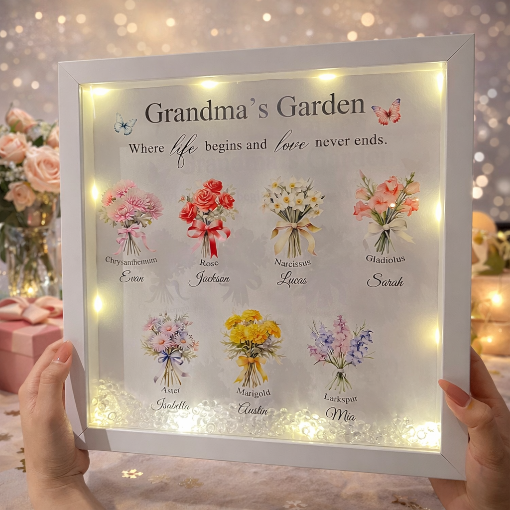Custom Mom's Garden Birth Flower Night Light Shadow Box Frame with Kids Names Keepsake Gift for Mom Grandma Mother's Day Gifts