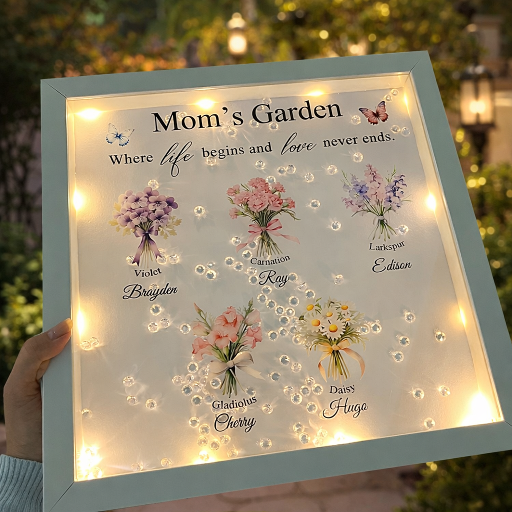Custom Mom's Garden Birth Flower Night Light Shadow Box Frame with Kids Names Keepsake Gift for Mom Grandma Mother's Day Gifts