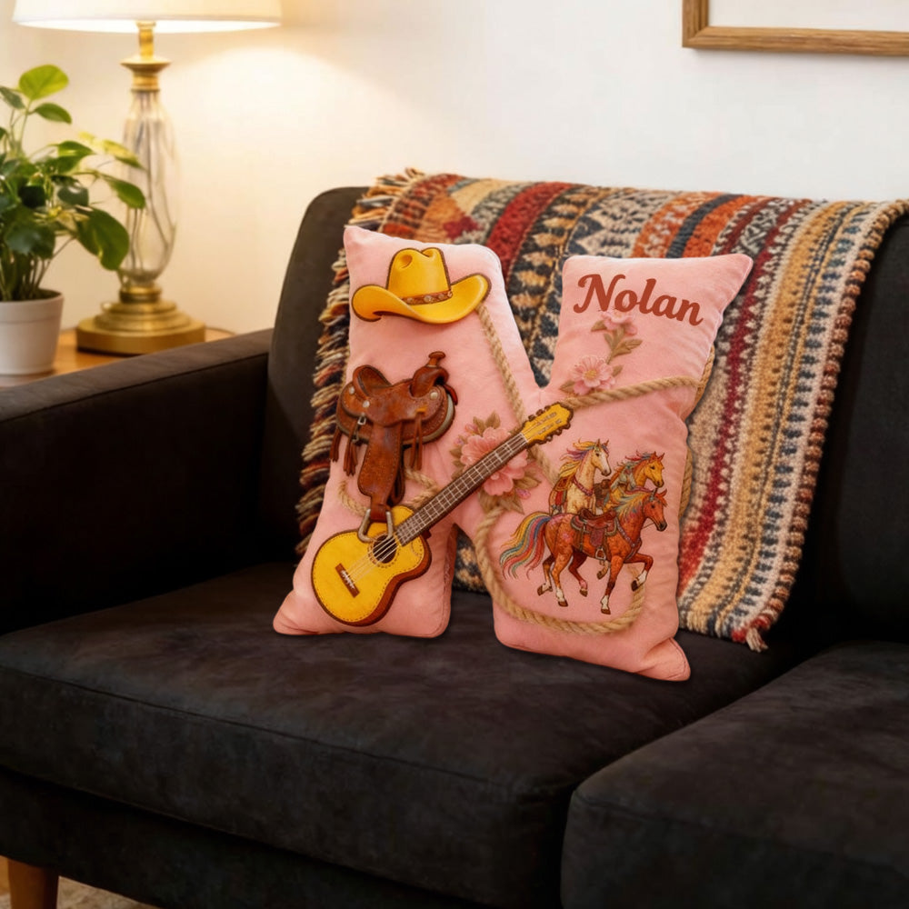 Personalized Western Cowboy Music Throw Pillow with Custom Name, Country & Guitar Design, Gift for Music Lovers, Cowgirls & Horse Riding Fans
