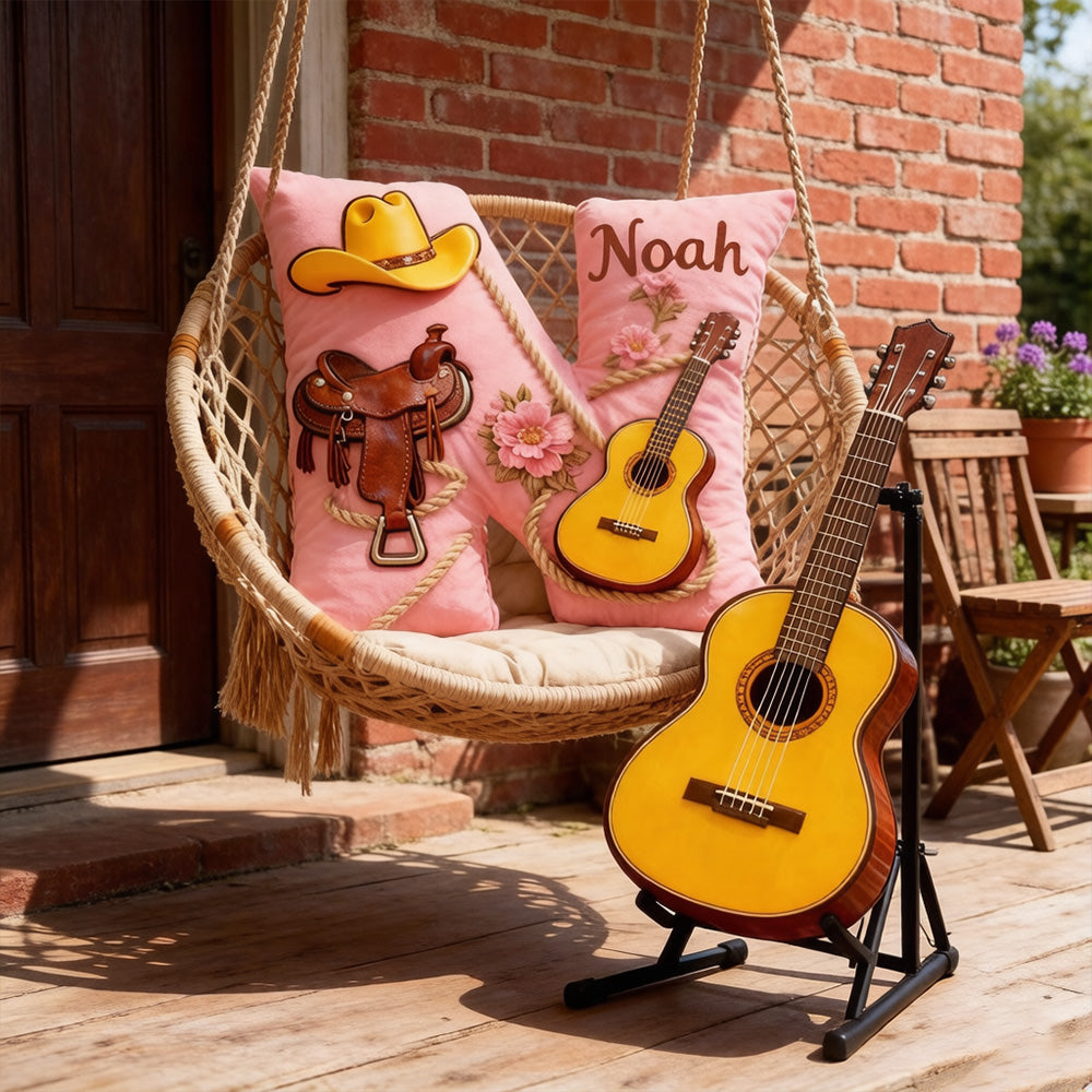 Personalized Western Cowboy Music Throw Pillow with Custom Name, Country & Guitar Design, Gift for Music Lovers, Cowgirls & Horse Riding Fans