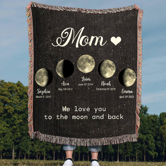 Personalized Mom Moon Phase by Date Woven Blanket with Kids Names Mother's Day Gift