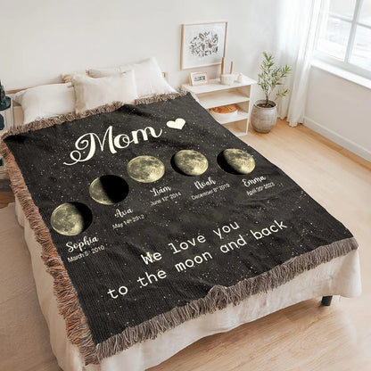 Personalized Mom Moon Phase by Date Woven Blanket with Kids Names Mother's Day Gift