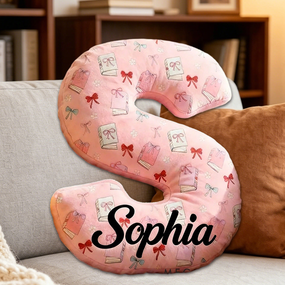 Personalized Bow-Tied Books Letter Pillow with Custom Name, Cute Bookish Alphabet Cushion, Gift for Book Lovers & Kids