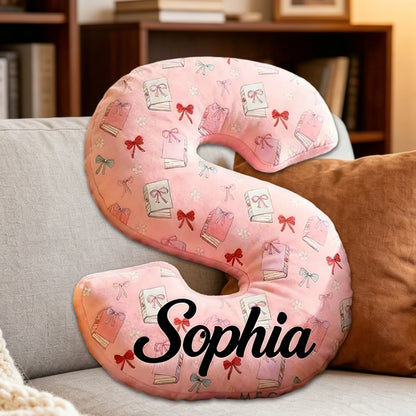 Personalized Bow-Tied Books Letter Pillow with Custom Name, Cute Bookish Alphabet Cushion, Gift for Book Lovers & Kids