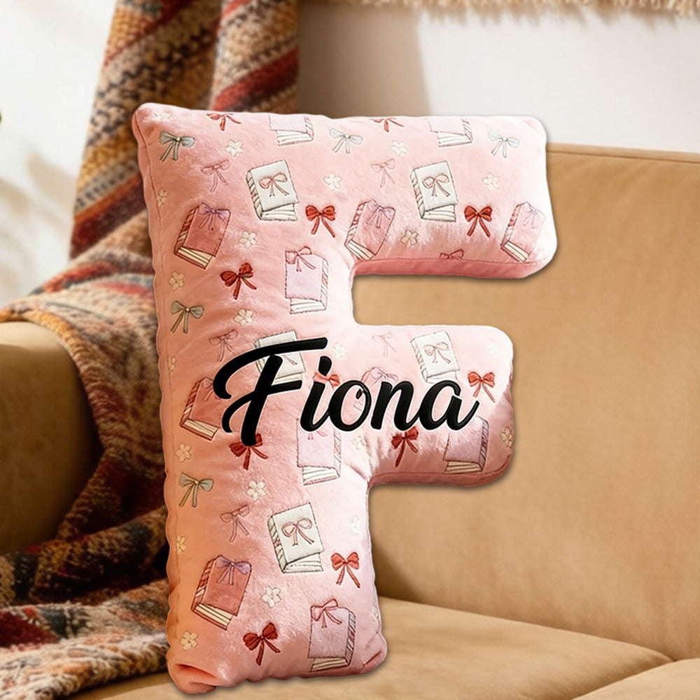 Personalized Bow-Tied Books Letter Pillow with Custom Name, Cute Bookish Alphabet Cushion, Gift for Book Lovers & Kids