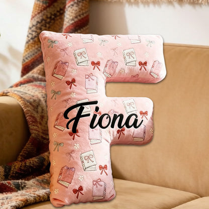 Personalized Bow-Tied Books Letter Pillow with Custom Name, Cute Bookish Alphabet Cushion, Gift for Book Lovers & Kids