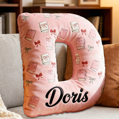Personalized Bow-Tied Books Letter Pillow with Custom Name, Cute Bookish Alphabet Cushion, Gift for Book Lovers & Kids