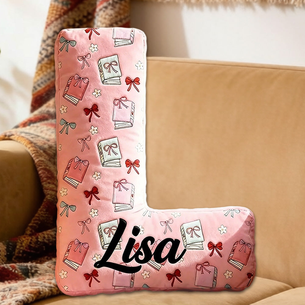Personalized Bow-Tied Books Letter Pillow with Custom Name, Cute Bookish Alphabet Cushion, Gift for Book Lovers & Kids