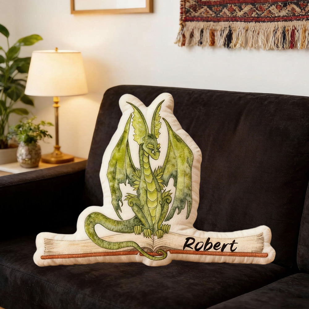 Personalized Green Dragon Books Pillow with Custom Name, Fantasy Reading Cushion, Christmas Gift for Book Lovers & Kids