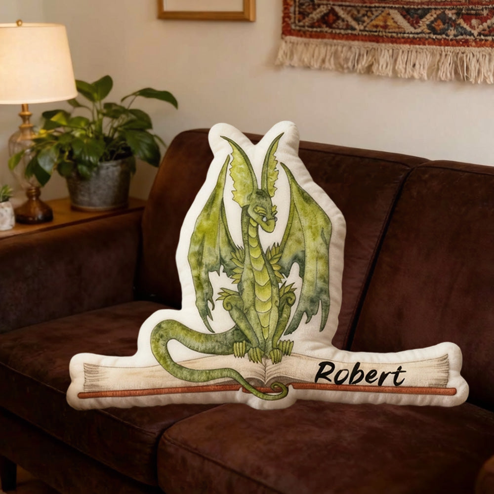 Personalized Green Dragon Books Pillow with Custom Name, Fantasy Reading Cushion, Christmas Gift for Book Lovers & Kids