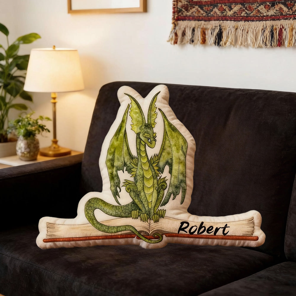 Personalized Green Dragon Books Pillow with Custom Name, Fantasy Reading Cushion, Christmas Gift for Book Lovers & Kids