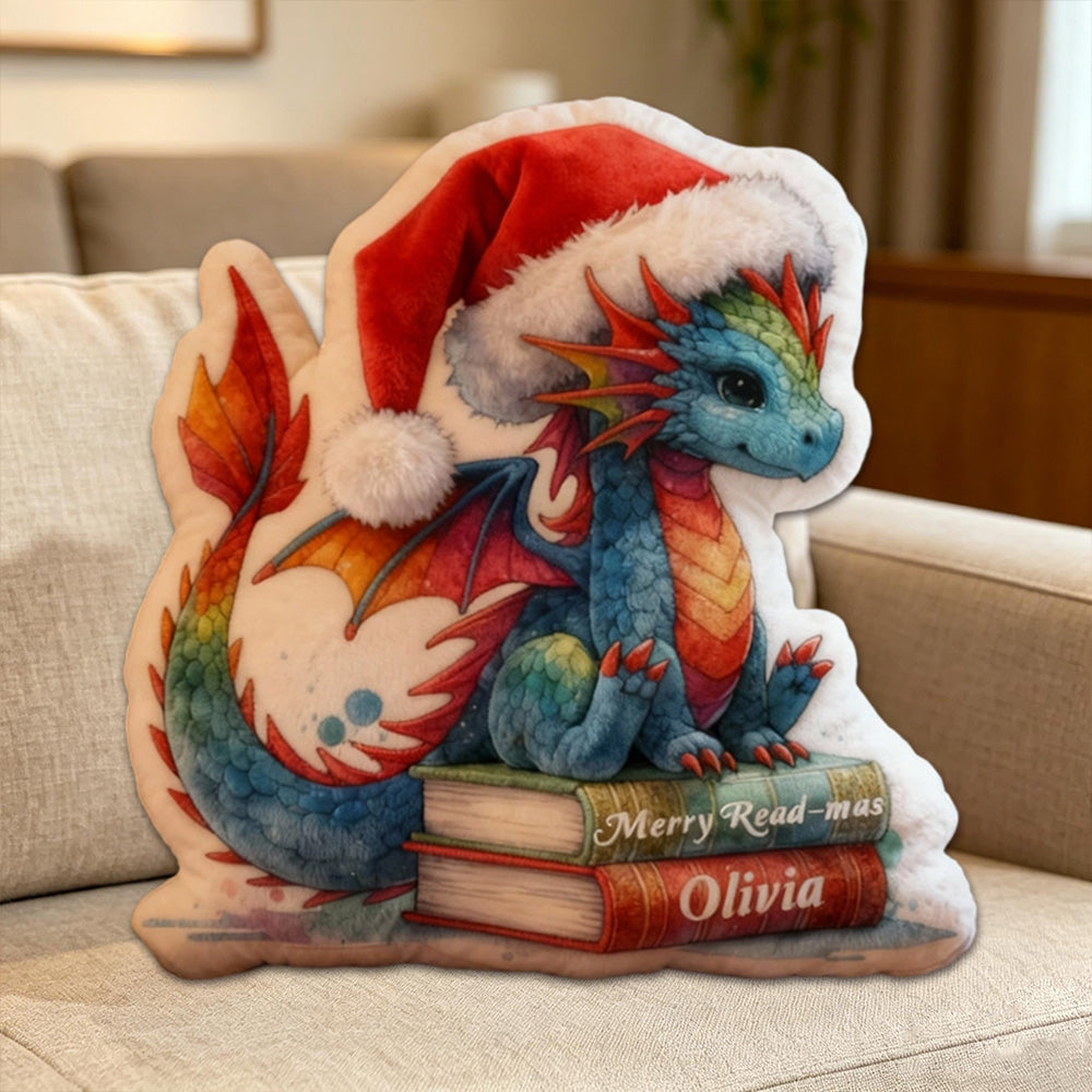 Personalized Christmas Dragon Books Pillow with Custom Name, Fantasy Reading Cushion, Holiday Gift for Book Lovers & Kids