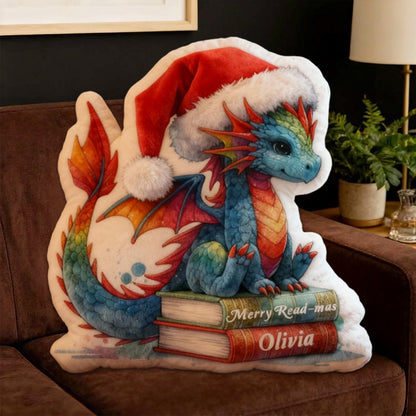 Personalized Christmas Dragon Books Pillow with Custom Name, Fantasy Reading Cushion, Holiday Gift for Book Lovers & Kids