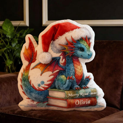 Personalized Christmas Dragon Books Pillow with Custom Name, Fantasy Reading Cushion, Holiday Gift for Book Lovers & Kids