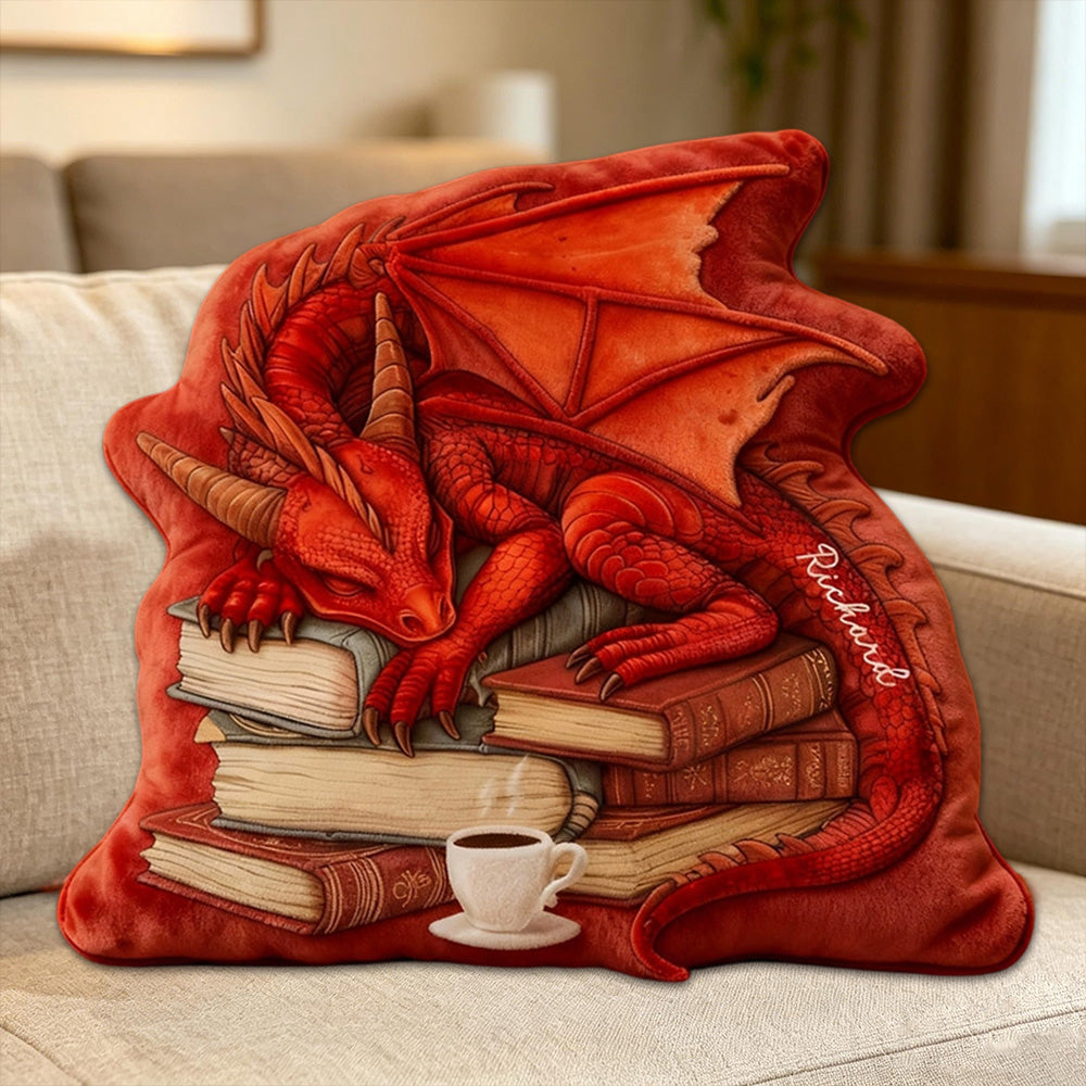 Personalized Red Dragon Books Pillow with Custom Name, Fantasy Reading Cushion, Christmas Gift for Book Lovers & Kids